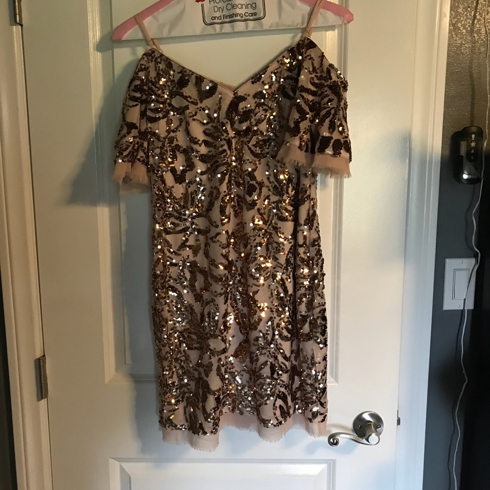Rose Gold sequence off the shoulder dress